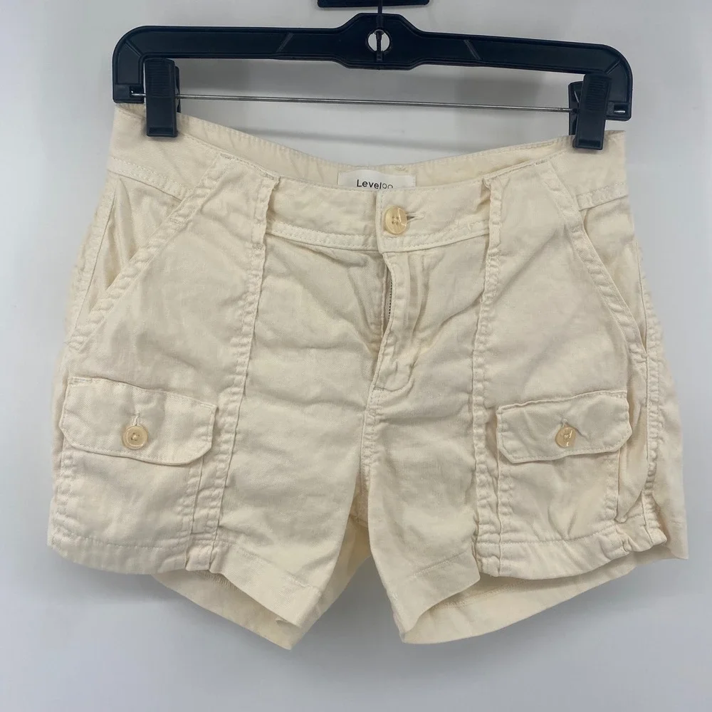 Level 99 Cargo Shorts Womens 26 Cream Linen Blend Wanderlusk Utility Summer